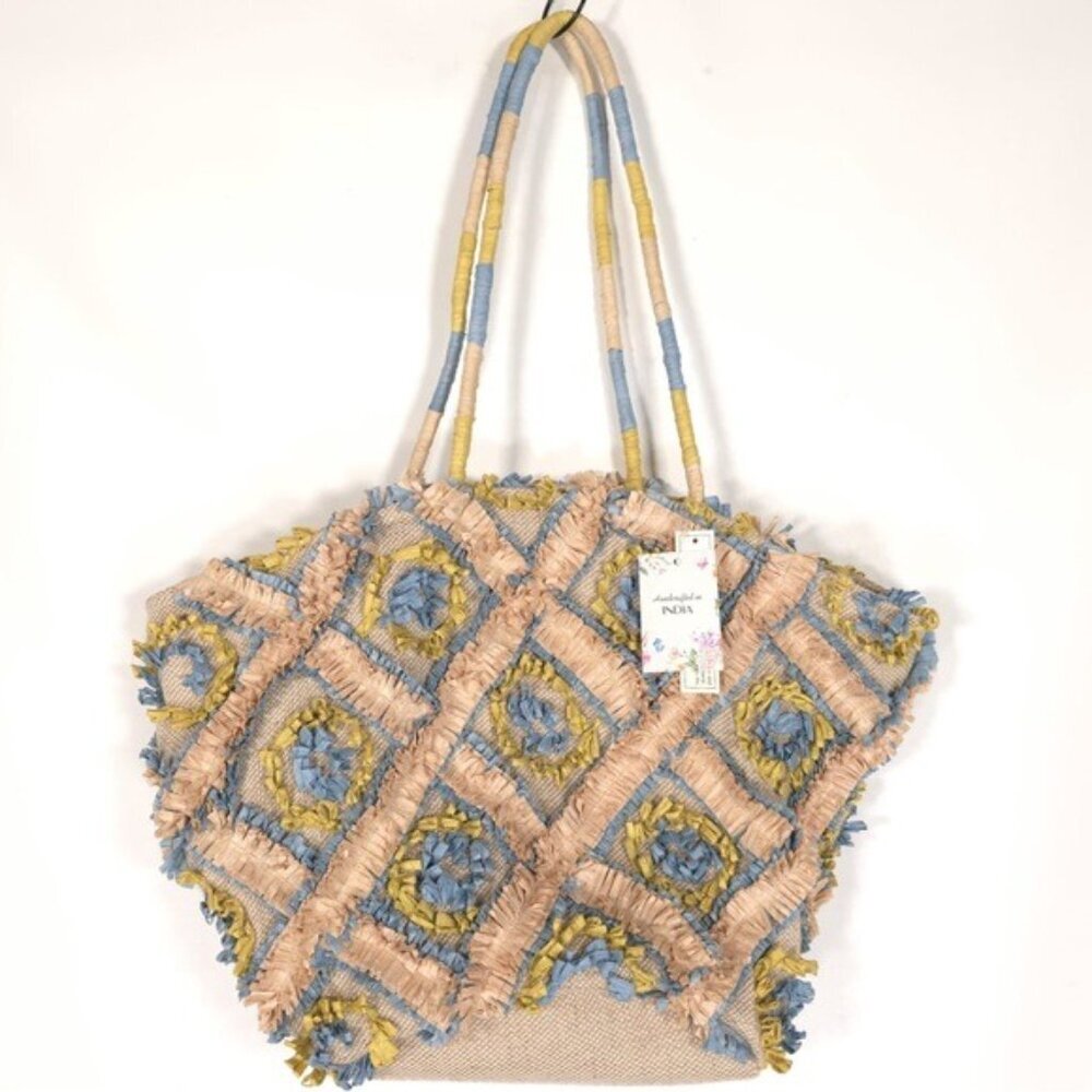 NWT Handcrafted Artisan Village Cotton Jute Floral Shoulder Bag‎ Tote INDIA MADE